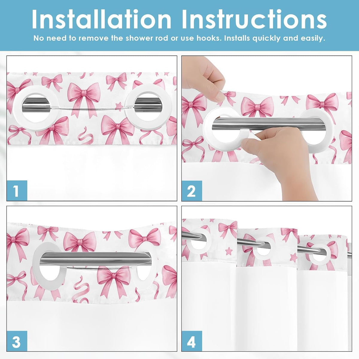 No Hook Shower Curtain with Snap in Liner 71x74 Inch Bow Cute