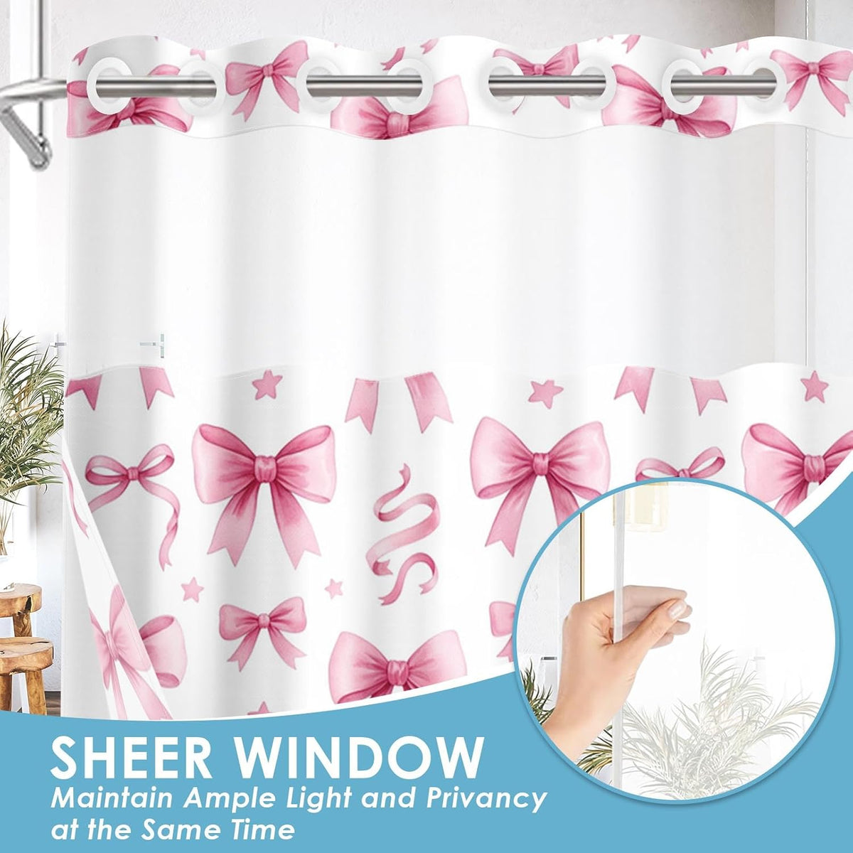 No Hook Shower Curtain with Snap in Liner 71x74 Inch Bow Cute