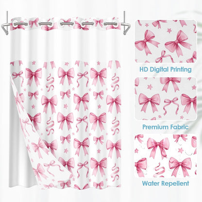 No Hook Shower Curtain with Snap in Liner 71x74 Inch Bow Cute
