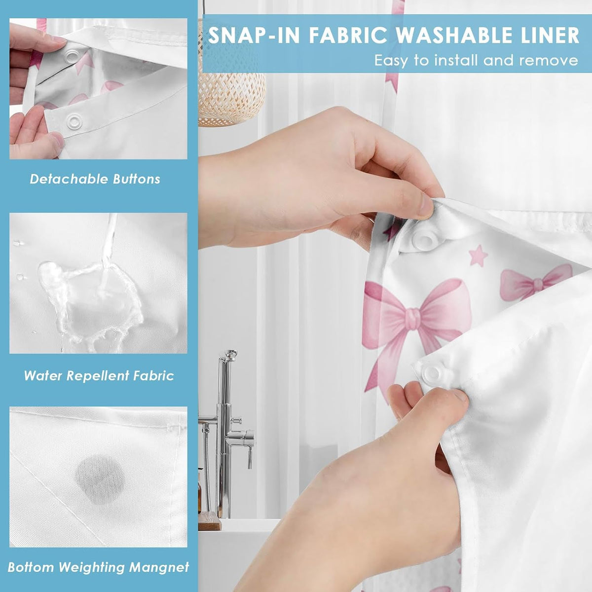 No Hook Shower Curtain with Snap in Liner 71x74 Inch Bow Cute