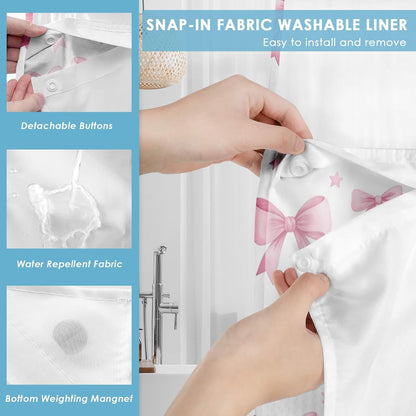 No Hook Shower Curtain with Snap in Liner 71x74 Inch Bow Cute