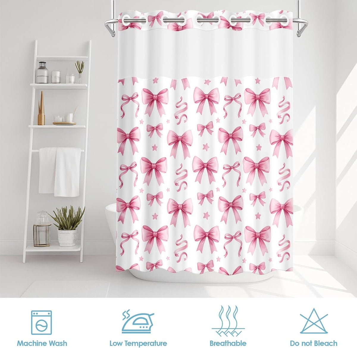 No Hook Shower Curtain with Snap in Liner 71x74 Inch Bow Cute