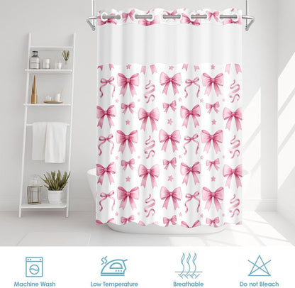 No Hook Shower Curtain with Snap in Liner 71x74 Inch Bow Cute