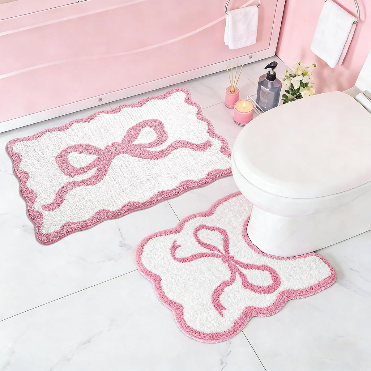 Pink Bow Bathroom Rug Set, 2-Piece Bow Bath Mat and U-Shaped Toilet Rug