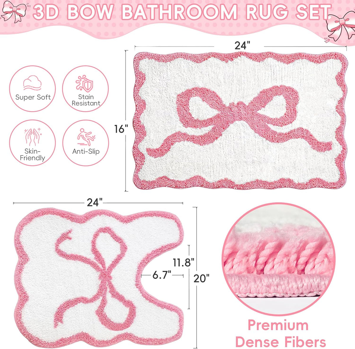 Pink Bow Bathroom Rug Set, 2-Piece Bow Bath Mat and U-Shaped Toilet Rug