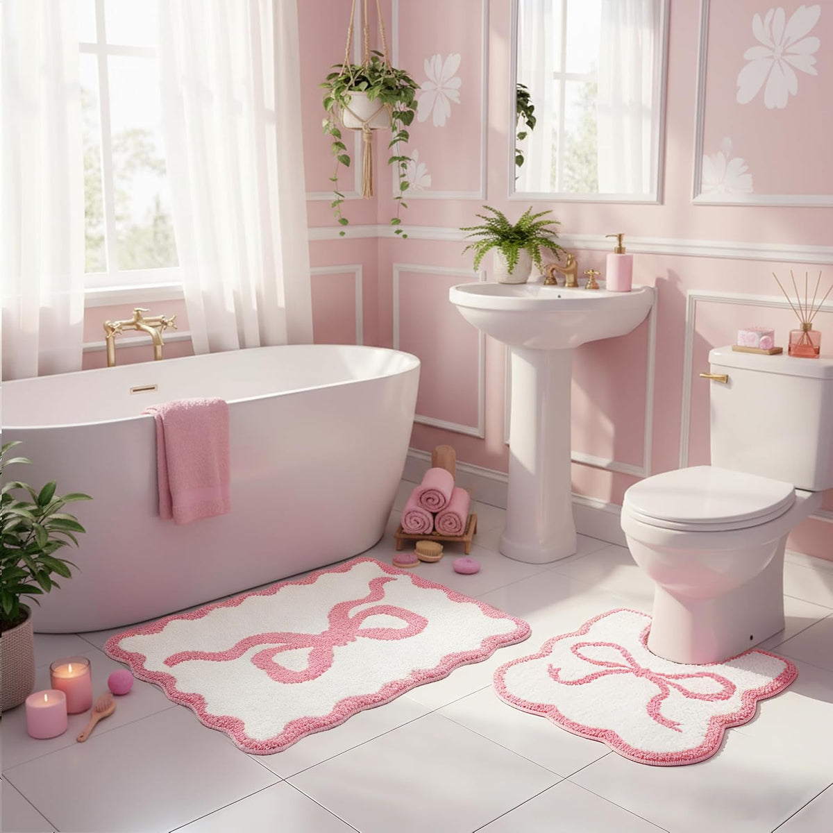 Pink Bow Bathroom Rug Set, 2-Piece Bow Bath Mat and U-Shaped Toilet Rug