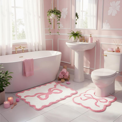 Pink Bow Bathroom Rug Set, 2-Piece Bow Bath Mat and U-Shaped Toilet Rug