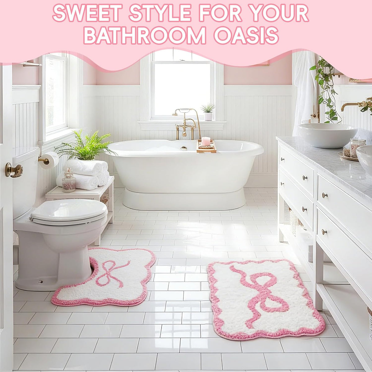 Pink Bow Bathroom Rug Set, 2-Piece Bow Bath Mat and U-Shaped Toilet Rug