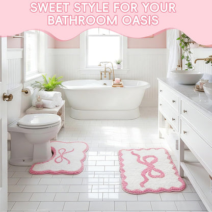 Pink Bow Bathroom Rug Set, 2-Piece Bow Bath Mat and U-Shaped Toilet Rug