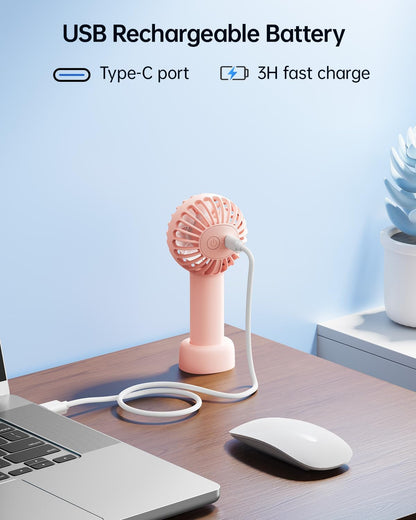 Mini Portable Fan - Rechargeable Handheld Fan, 3 Speeds Personal Small Hand Gifts for Travel Essentials, Lash, Makeup, Eyelash, Kids, Girls, Women - USB, Cute Design Pink