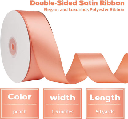 Peach Satin Ribbon - 1.5 Inch, 50 Yds Double Faced, Polyester Silk for Gift Wrapping, Flower Bouquets, Wedding Invitations, Hair Bows & Crafts