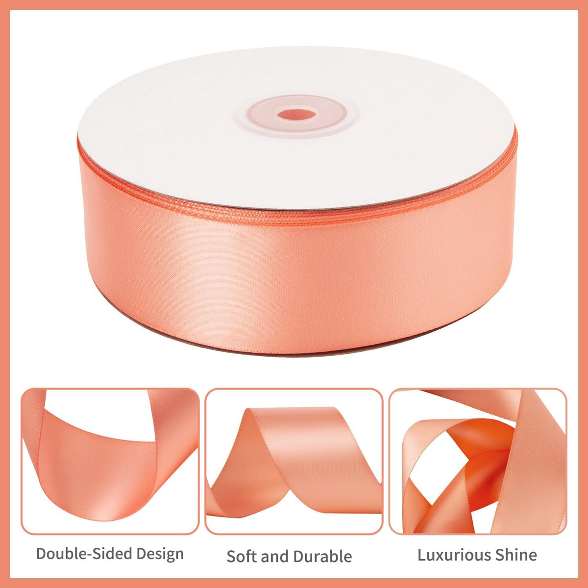 Peach Satin Ribbon - 1.5 Inch, 50 Yds Double Faced, Polyester Silk for Gift Wrapping, Flower Bouquets, Wedding Invitations, Hair Bows & Crafts