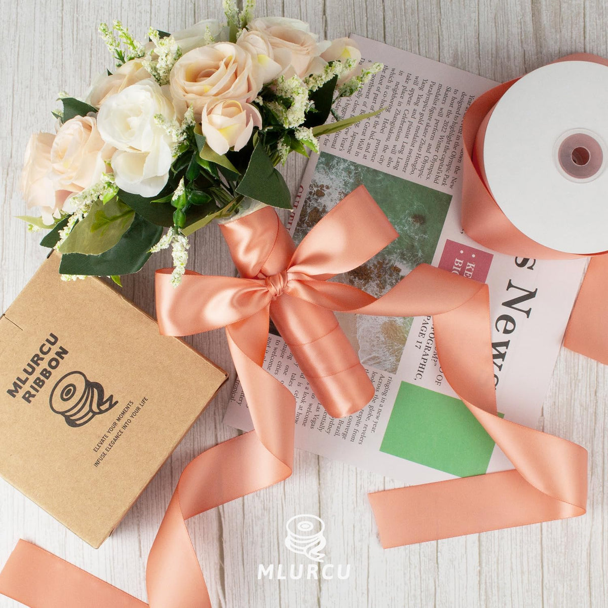 Peach Satin Ribbon - 1.5 Inch, 50 Yds Double Faced, Polyester Silk for Gift Wrapping, Flower Bouquets, Wedding Invitations, Hair Bows & Crafts