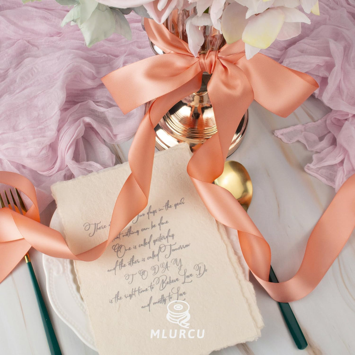 Peach Satin Ribbon - 1.5 Inch, 50 Yds Double Faced, Polyester Silk for Gift Wrapping, Flower Bouquets, Wedding Invitations, Hair Bows & Crafts