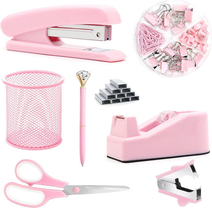 Pink Desk Accessories, Pink Office Supplies, Stapler, Staple Remover, Tape Holder, Pen Holder, Ballpoint Pen, Scissor, Binder Clips, Paper Clips and 1000pcs Staples.