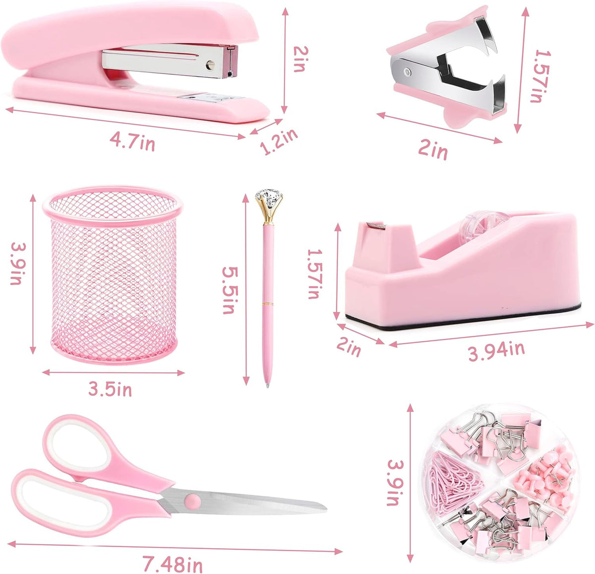 Pink Desk Accessories, Pink Office Supplies, Stapler, Staple Remover, Tape Holder, Pen Holder, Ballpoint Pen, Scissor, Binder Clips, Paper Clips and 1000pcs Staples.