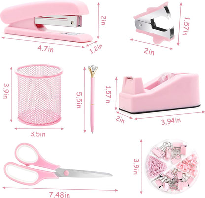 Pink Desk Accessories, Pink Office Supplies, Stapler, Staple Remover, Tape Holder, Pen Holder, Ballpoint Pen, Scissor, Binder Clips, Paper Clips and 1000pcs Staples.