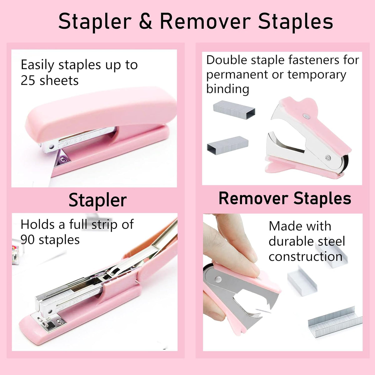 Pink Desk Accessories, Pink Office Supplies, Stapler, Staple Remover, Tape Holder, Pen Holder, Ballpoint Pen, Scissor, Binder Clips, Paper Clips and 1000pcs Staples.