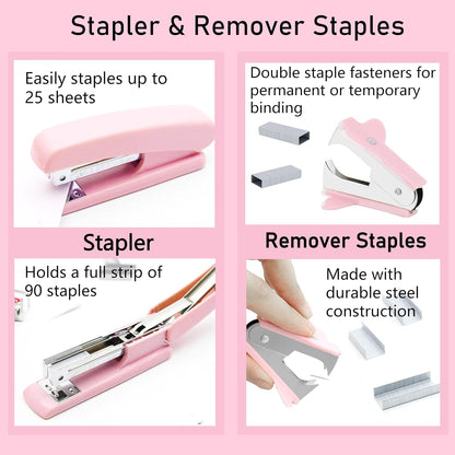 Pink Desk Accessories, Pink Office Supplies, Stapler, Staple Remover, Tape Holder, Pen Holder, Ballpoint Pen, Scissor, Binder Clips, Paper Clips and 1000pcs Staples.
