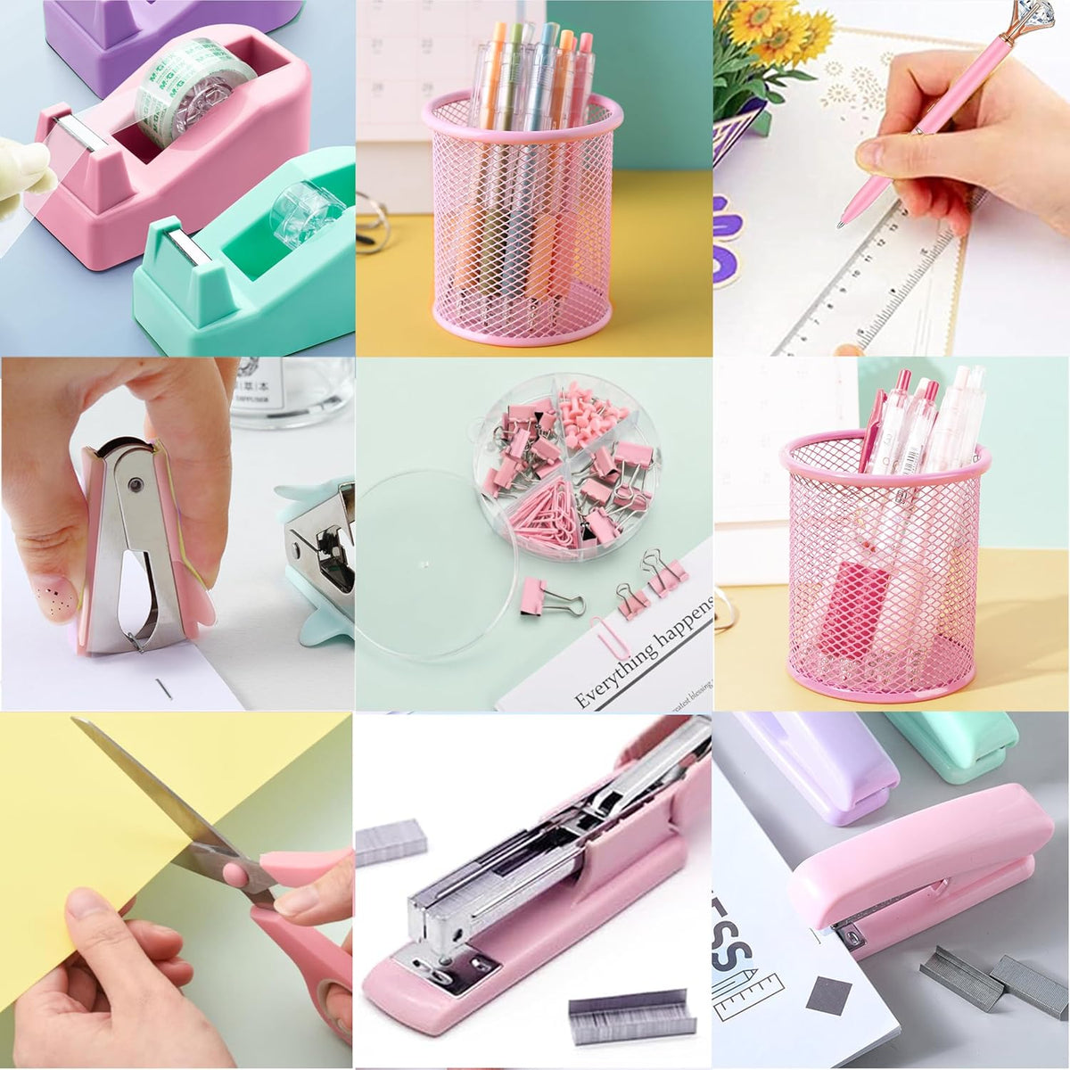 Pink Desk Accessories, Pink Office Supplies, Stapler, Staple Remover, Tape Holder, Pen Holder, Ballpoint Pen, Scissor, Binder Clips, Paper Clips and 1000pcs Staples.