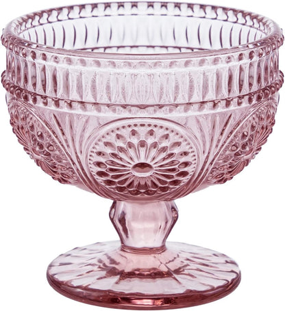 Vintage Flower Embossed Glass Footed Dessert Bowl Ice Cream Bowl Trifle Bowl Salad Bowl Candy Cake Bowl for Home Party Wedding 9oz-Pink