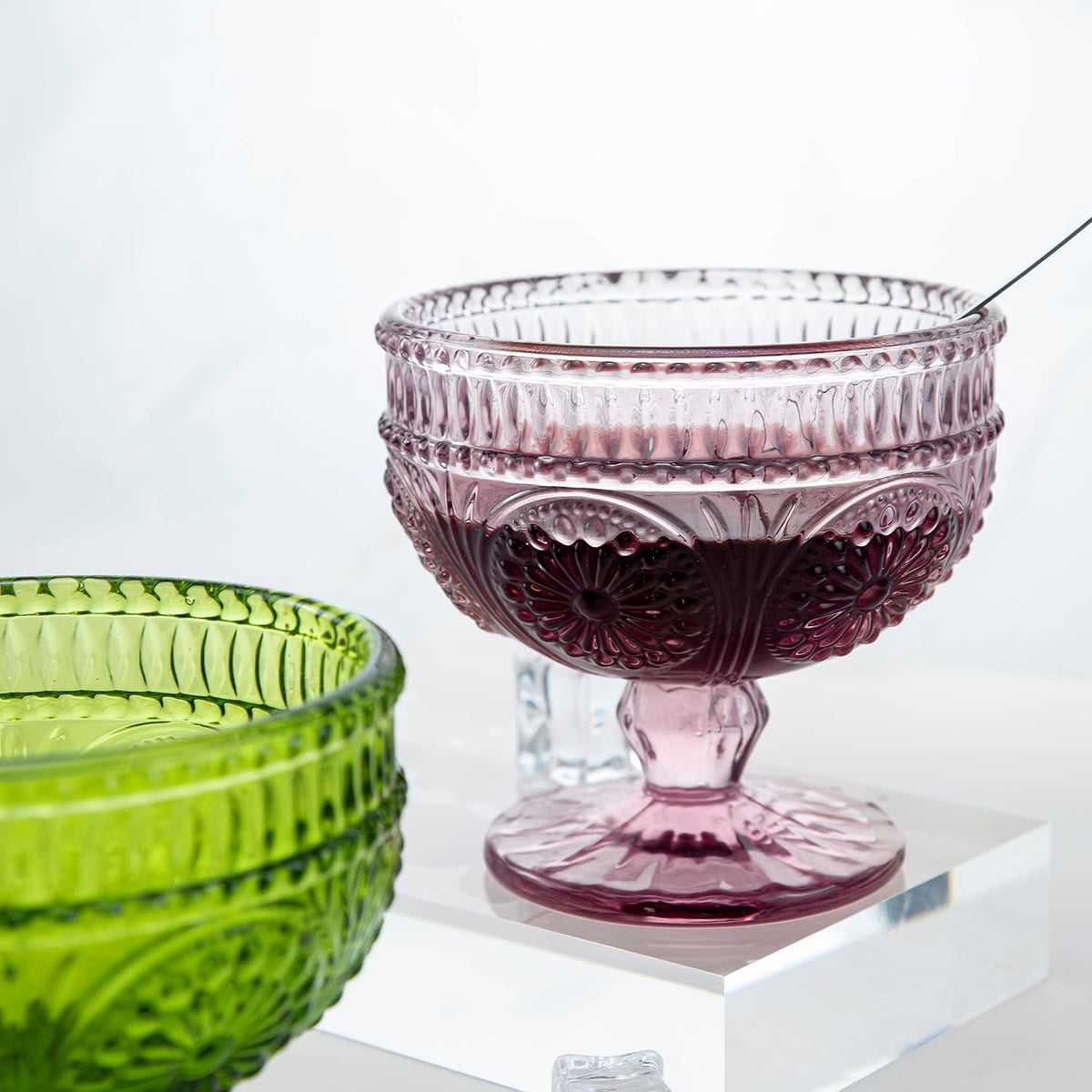 Vintage Flower Embossed Glass Footed Dessert Bowl Ice Cream Bowl Trifle Bowl Salad Bowl Candy Cake Bowl for Home Party Wedding 9oz-Pink