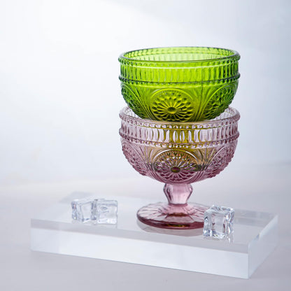Vintage Flower Embossed Glass Footed Dessert Bowl Ice Cream Bowl Trifle Bowl Salad Bowl Candy Cake Bowl for Home Party Wedding 9oz-Pink