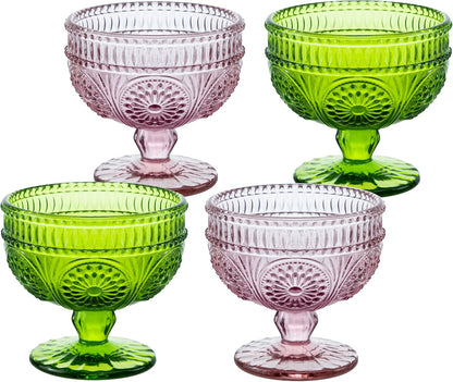 Vintage Flower Embossed Glass Footed Dessert Bowl Ice Cream Bowl Trifle Bowl Salad Bowl Candy Cake Bowl for Home Party Wedding 9oz-Pink