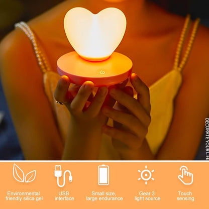 Heart Shaped Night Light, Cute Lamp, USB Rechargeable Bedside Lamp, 3 Gear Touch, Portable Love Heart Silicone Lights, Gift for Christmas Valentine's Day Anniversary Wedding