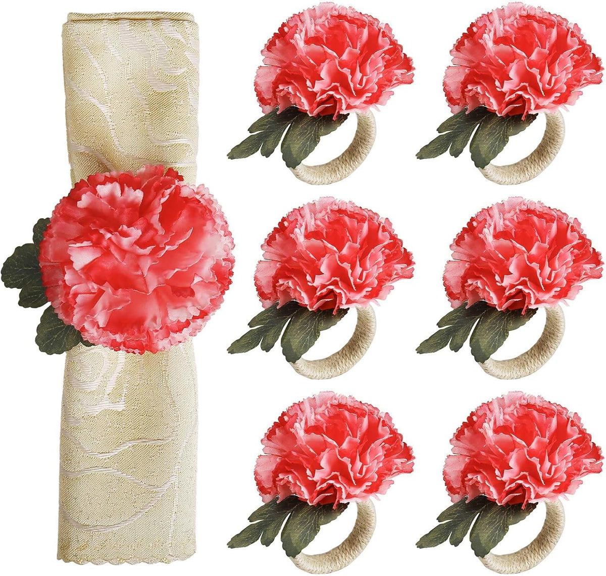 Pink Flower Napkin Rings Set of 6, Faux Carnation Napkin Ring Serviette Buckles for Mother's Day, Valentines Day, Family Party, Table Decor, Dinner Setting (Pink Carnation)