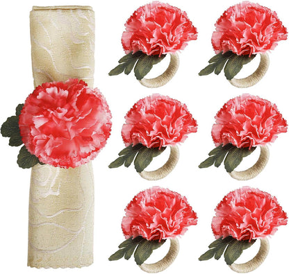 Pink Flower Napkin Rings Set of 6, Faux Carnation Napkin Ring Serviette Buckles for Mother's Day, Valentines Day, Family Party, Table Decor, Dinner Setting (Pink Carnation)