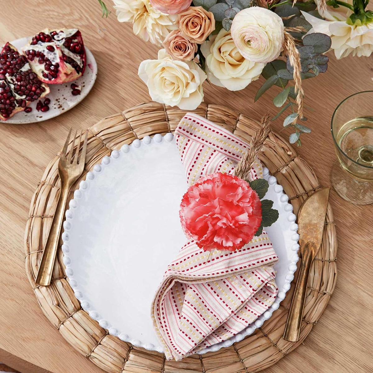Pink Flower Napkin Rings Set of 6, Faux Carnation Napkin Ring Serviette Buckles for Mother's Day, Valentines Day, Family Party, Table Decor, Dinner Setting (Pink Carnation)