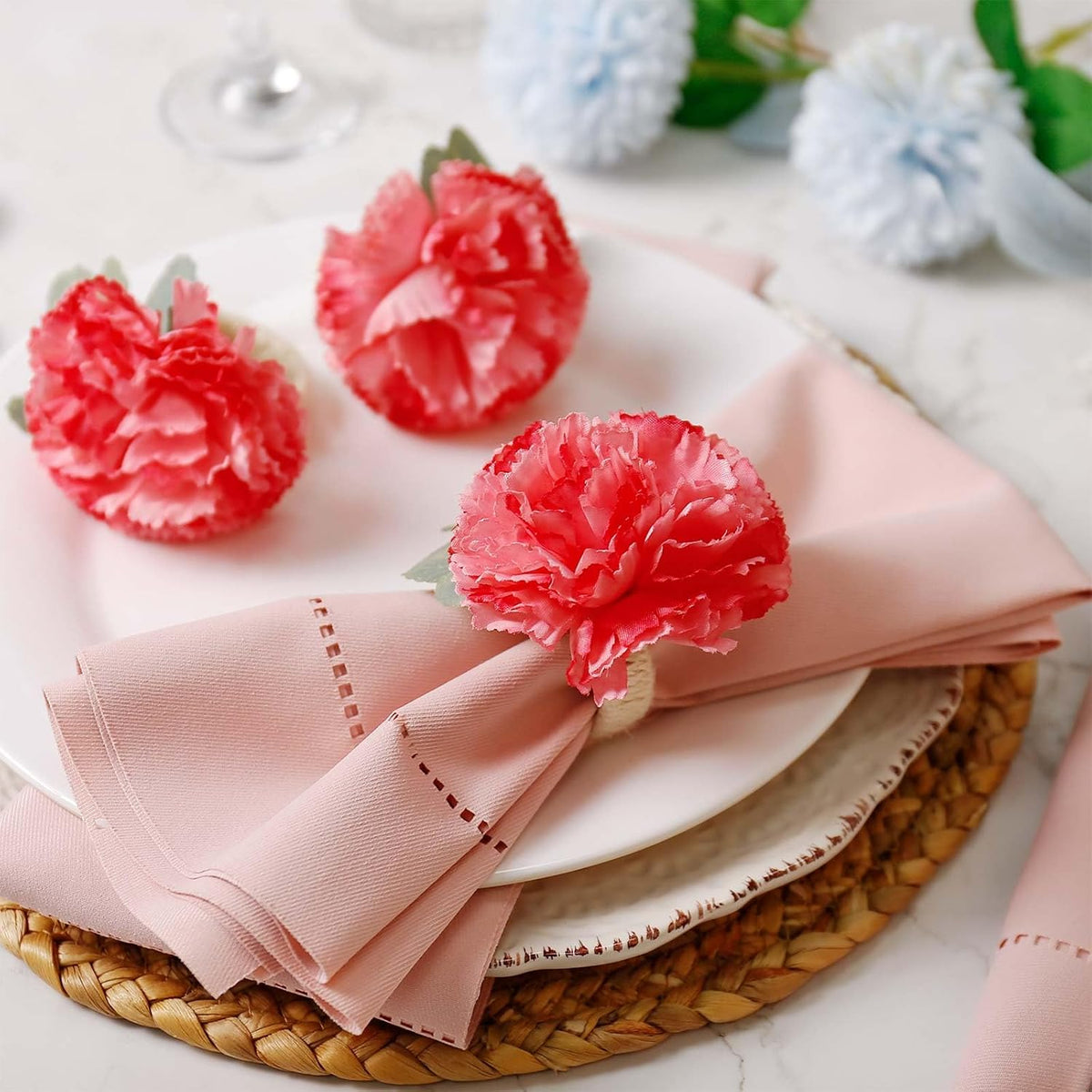 Pink Flower Napkin Rings Set of 6, Faux Carnation Napkin Ring Serviette Buckles for Mother's Day, Valentines Day, Family Party, Table Decor, Dinner Setting (Pink Carnation)