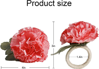 Pink Flower Napkin Rings Set of 6, Faux Carnation Napkin Ring Serviette Buckles for Mother's Day, Valentines Day, Family Party, Table Decor, Dinner Setting (Pink Carnation)