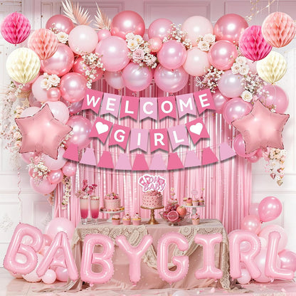 Pink Baby Shower Decorations- Girls Shower Decor Set with- Welcome Baby Banner, Clothes Banner, Fringe Curtains, Cake Topper, Honeycomb Ball, Dusty Pink Balloon and Aluminum foil Balloons (Girl)