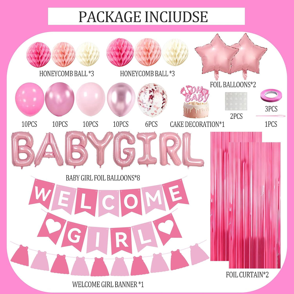 Pink Baby Shower Decorations- Girls Shower Decor Set with- Welcome Baby Banner, Clothes Banner, Fringe Curtains, Cake Topper, Honeycomb Ball, Dusty Pink Balloon and Aluminum foil Balloons (Girl)