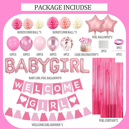 Pink Baby Shower Decorations- Girls Shower Decor Set with- Welcome Baby Banner, Clothes Banner, Fringe Curtains, Cake Topper, Honeycomb Ball, Dusty Pink Balloon and Aluminum foil Balloons (Girl)