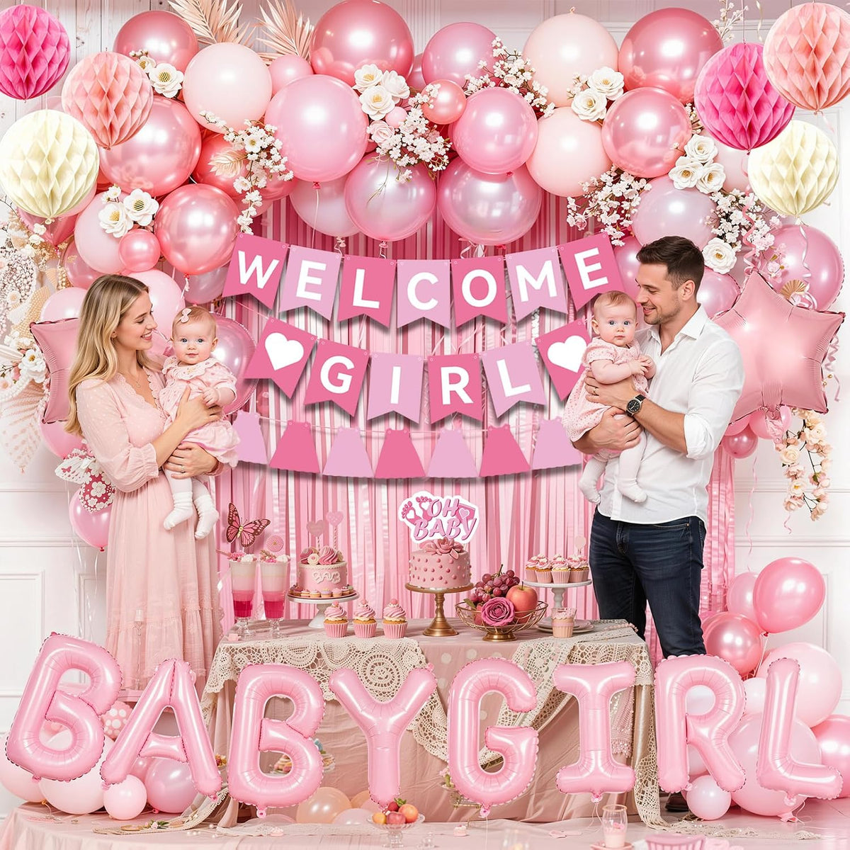 Pink Baby Shower Decorations- Girls Shower Decor Set with- Welcome Baby Banner, Clothes Banner, Fringe Curtains, Cake Topper, Honeycomb Ball, Dusty Pink Balloon and Aluminum foil Balloons (Girl)