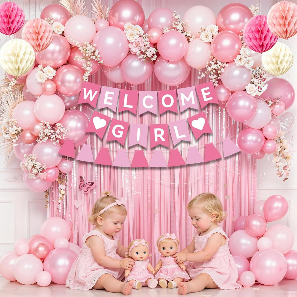 Pink Baby Shower Decorations- Girls Shower Decor Set with- Welcome Baby Banner, Clothes Banner, Fringe Curtains, Cake Topper, Honeycomb Ball, Dusty Pink Balloon and Aluminum foil Balloons (Girl)