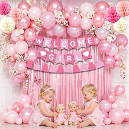 Pink Baby Shower Decorations- Girls Shower Decor Set with- Welcome Baby Banner, Clothes Banner, Fringe Curtains, Cake Topper, Honeycomb Ball, Dusty Pink Balloon and Aluminum foil Balloons (Girl)
