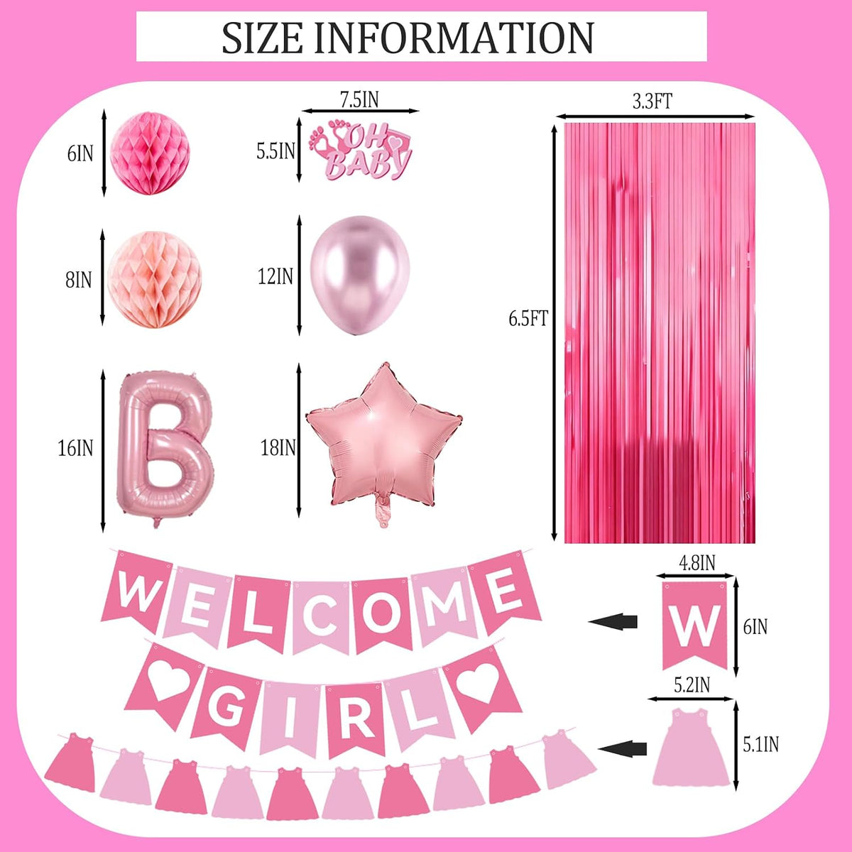 Pink Baby Shower Decorations- Girls Shower Decor Set with- Welcome Baby Banner, Clothes Banner, Fringe Curtains, Cake Topper, Honeycomb Ball, Dusty Pink Balloon and Aluminum foil Balloons (Girl)