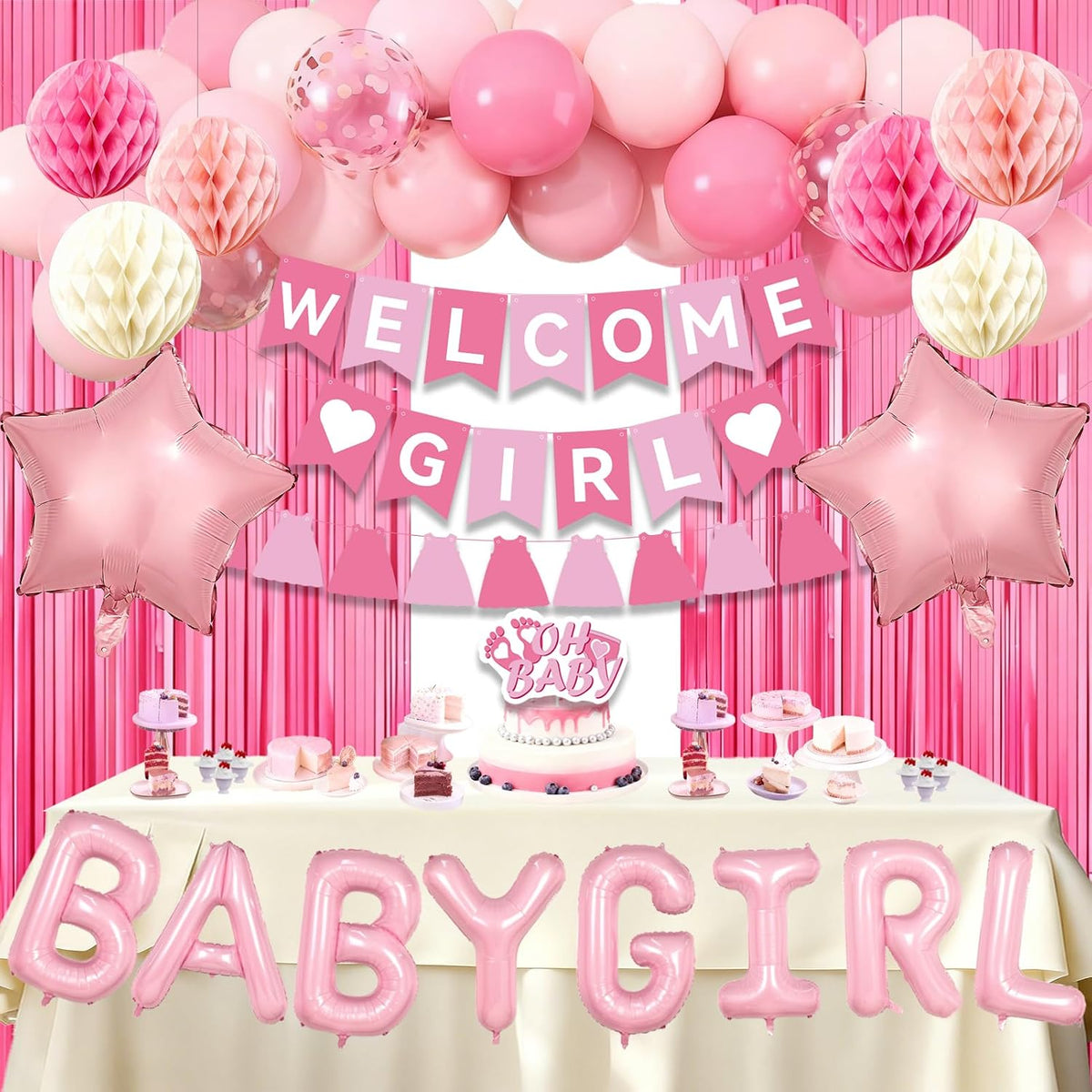 Pink Baby Shower Decorations- Girls Shower Decor Set with- Welcome Baby Banner, Clothes Banner, Fringe Curtains, Cake Topper, Honeycomb Ball, Dusty Pink Balloon and Aluminum foil Balloons (Girl)