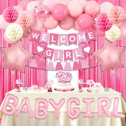 Pink Baby Shower Decorations- Girls Shower Decor Set with- Welcome Baby Banner, Clothes Banner, Fringe Curtains, Cake Topper, Honeycomb Ball, Dusty Pink Balloon and Aluminum foil Balloons (Girl)