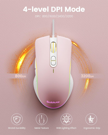Gaming Keyboard and Mouse, Quiet Membrane with RGB Backlit - Pink