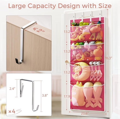 Over the Door Hanging Organizer, Extra-Large Door Storage Organizer with 4 Deep Mesh Pockets, Space-Saving Hanging Storage for Bedroom & Home Organization, Pink