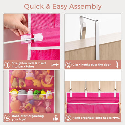 Over the Door Hanging Organizer, Extra-Large Door Storage Organizer with 4 Deep Mesh Pockets, Space-Saving Hanging Storage for Bedroom & Home Organization, Pink