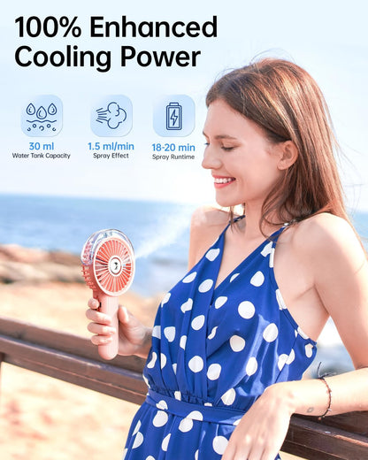 Portable Misting Fan - 180° Foldable Handheld Personal Fan with Mist Spray, 3 Speeds, 30ml Water Tank, USB Rechargeable for Travel, Outdoors, Makeup, Camping, Home, and Office Use