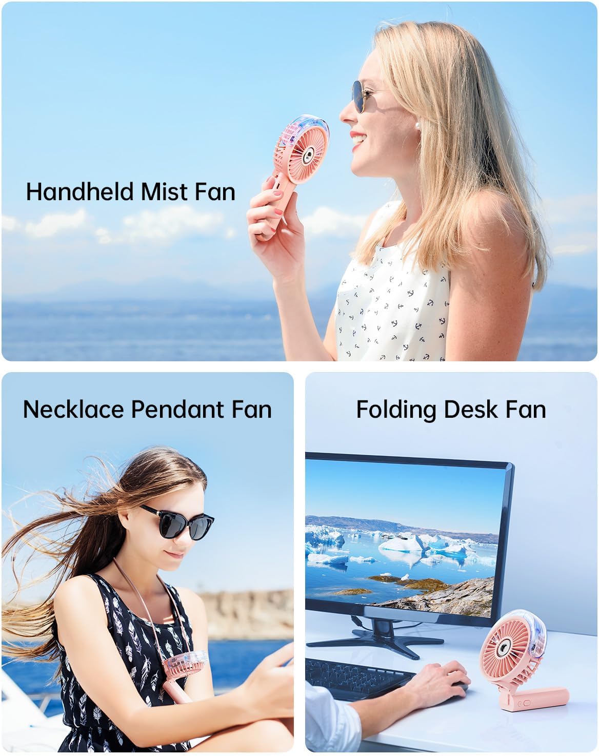Portable Misting Fan - 180° Foldable Handheld Personal Fan with Mist Spray, 3 Speeds, 30ml Water Tank, USB Rechargeable for Travel, Outdoors, Makeup, Camping, Home, and Office Use