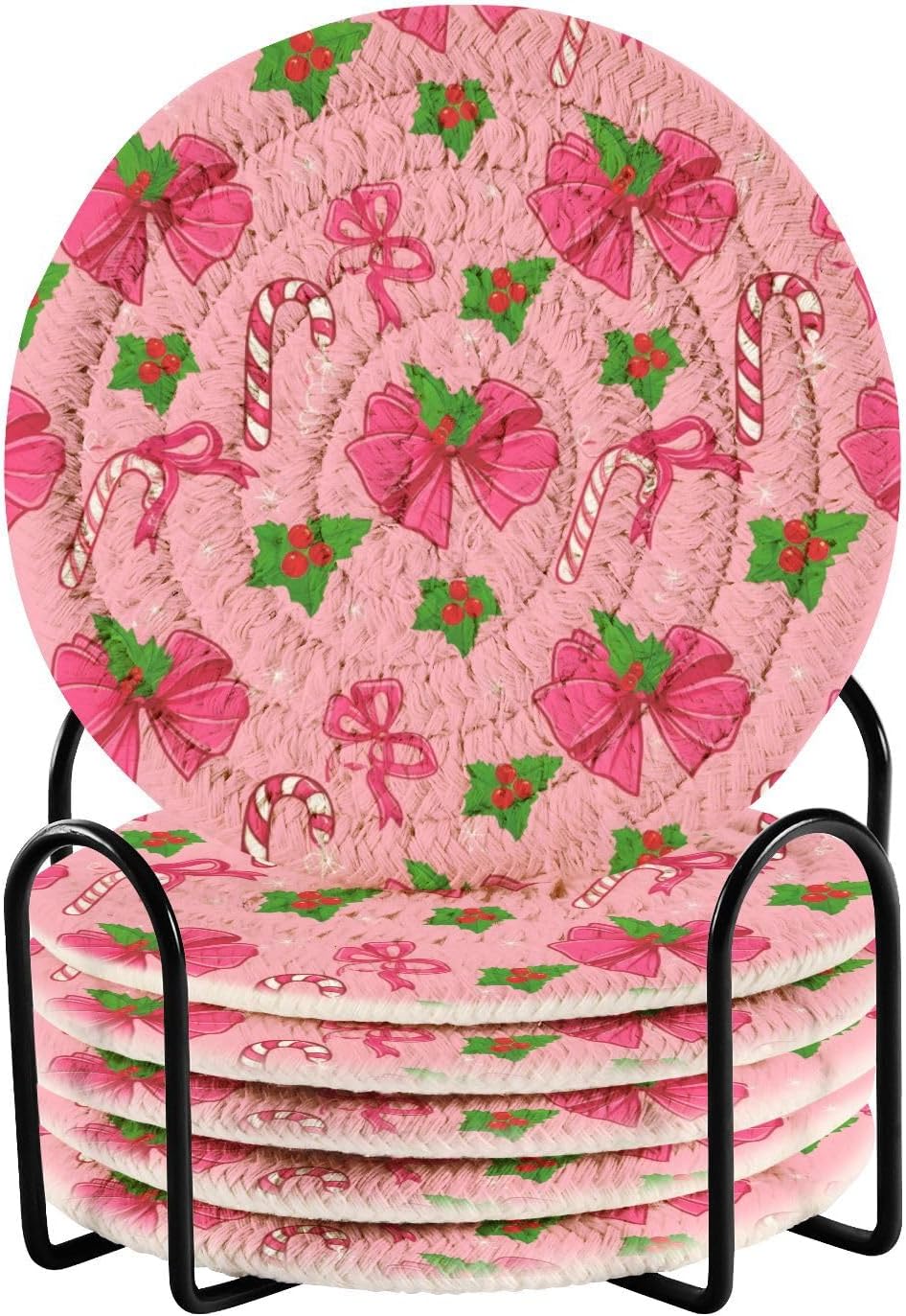 Pink Christmas Bows Pattern Coasters Set of 6 - with Holder, Coasters for Drinks, Woven Coaster Set for Home Decor Tabletop Protection Suitable for Kinds of Cups, 3.94 Inch