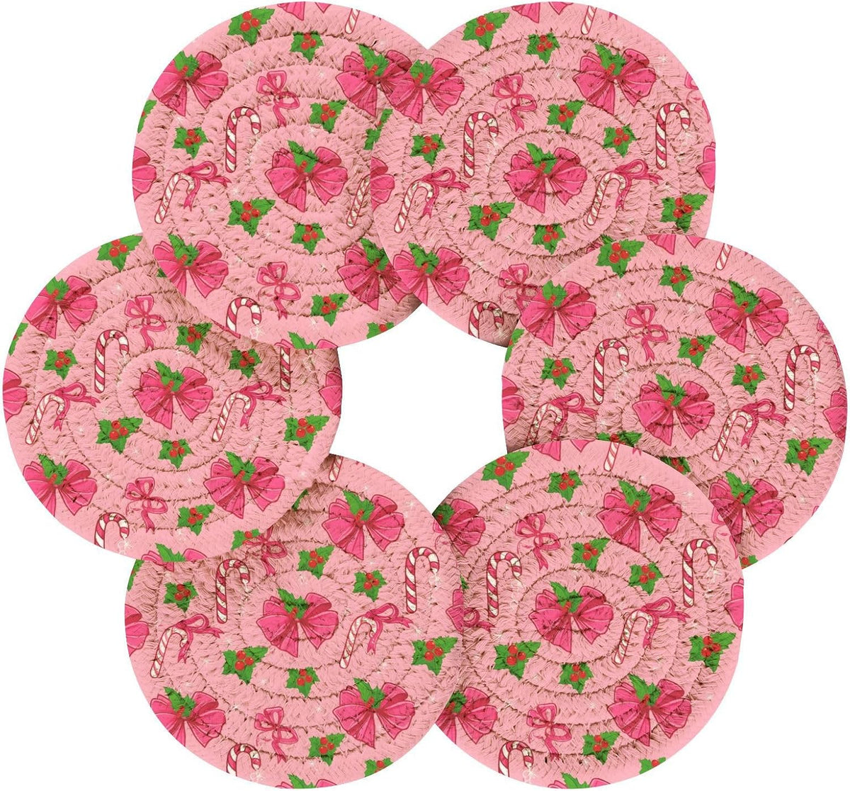 Pink Christmas Bows Pattern Coasters Set of 6 - with Holder, Coasters for Drinks, Woven Coaster Set for Home Decor Tabletop Protection Suitable for Kinds of Cups, 3.94 Inch